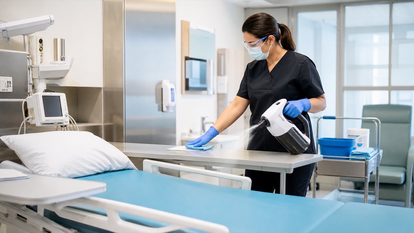 Technician performing hospital-grade terminal cleaning in a clinical room